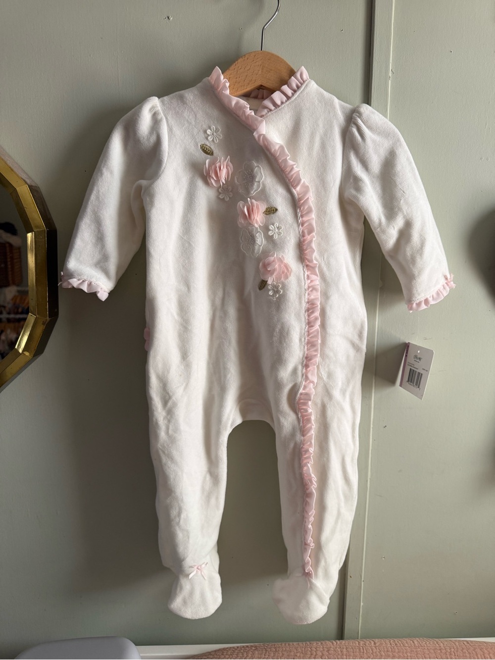 Baby Girls White One-Piece with Pink Trim and Floral Appliqué